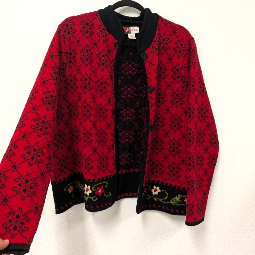 Y2K JM Collection Red & Black Knit Floral Sweater Cardigan sz L Holiday - Picture 7 of 10